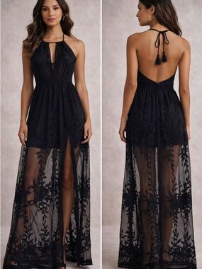 Honey Punch Black Halter Lace Maxi Dress with Sheer Embroidered Skirt